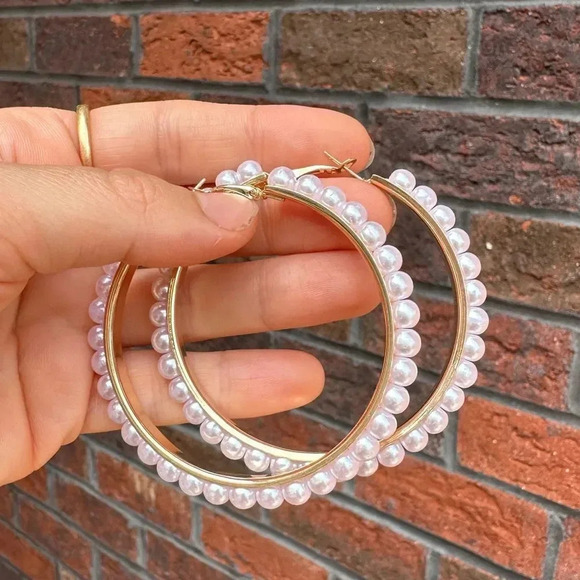 Pearl Hoop  Gold Earrings - Picture 6 of 7